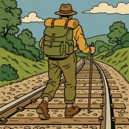 Un randonneur marche sur une voie ferrées, symbolisant les finances sur les bons rails