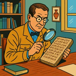 Un archéologue déchiffrant une écriture antique gravée sur une tablette en pierre